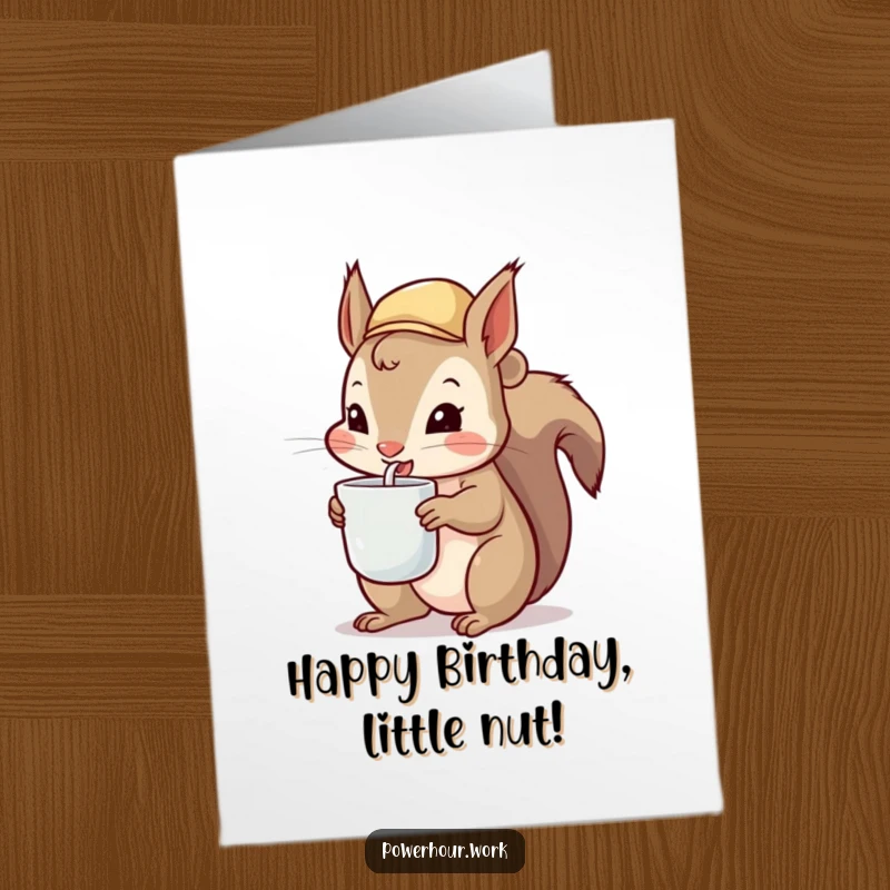 Funny Free Printable Squirrel Birthday Card: A hyperactive squirrel in a hat chugs from a tiny cup, celebrating your birthday.