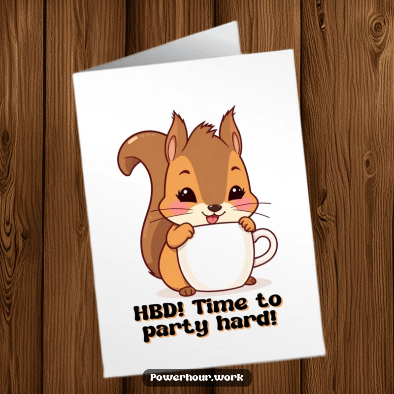 Funny Free Printable Birthday Card: a playful squirrel happily chugging from a hidden cup, celebrating with a big, mischievous smile.