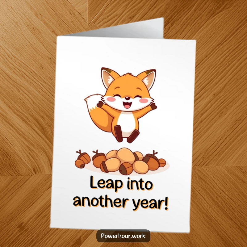 Funny Free Printable Birthday Card of a cheerful fox enthusiastically leaping over a small pile of acorns, wishing a happy birthday.