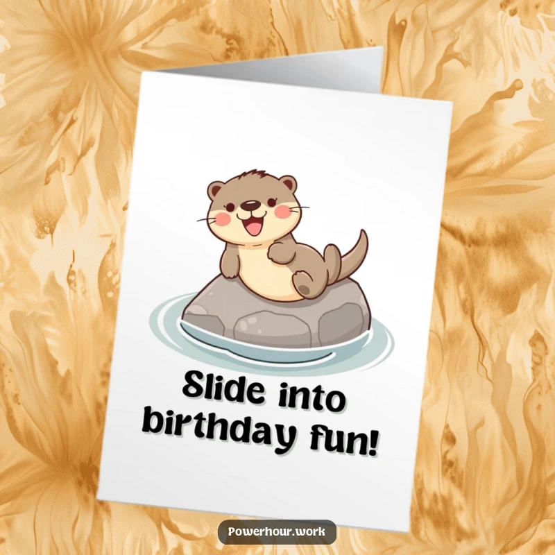 Funny Free Printable Birthday Card featuring a playful otter gleefully sliding down a smooth river stone, wishing a happy birthday.