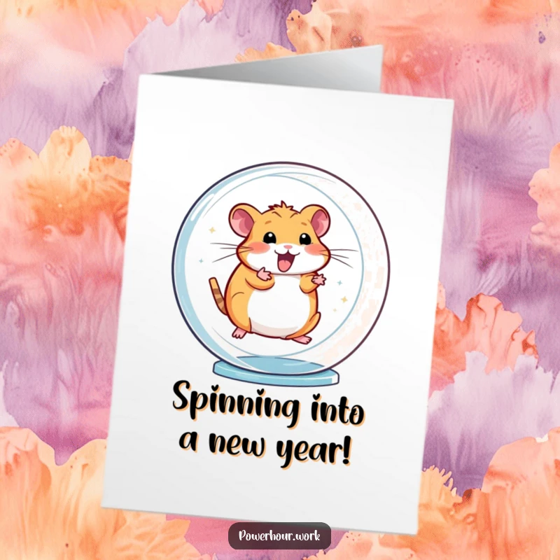 Funny Free Printable Birthday Card showing an energetic hamster spinning rapidly in a transparent wheel, wishing a happy birthday.