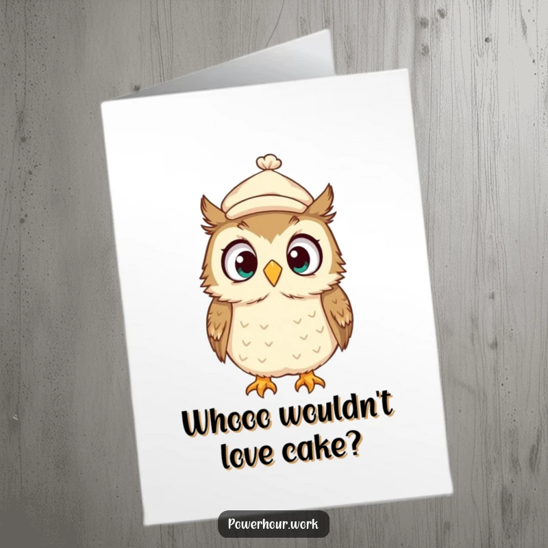 Funny free printable birthday card: A wide-eyed owl in a tiny cap looks around wildly with a surprised expression.