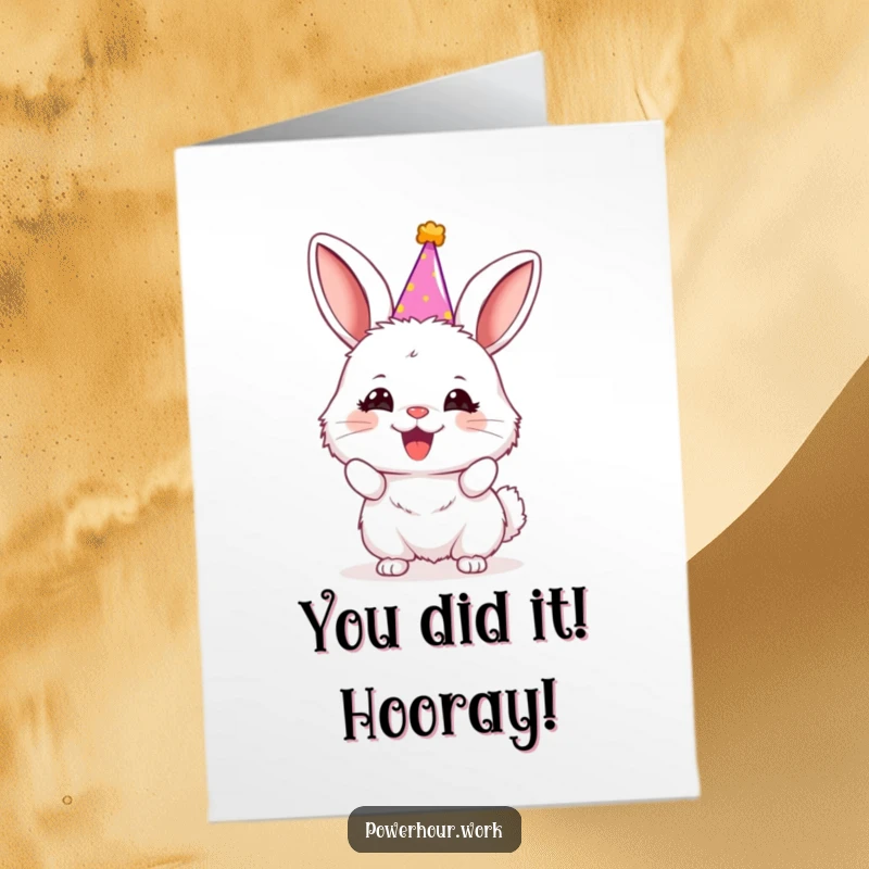 Funny Free Printable Congratulations Card with a fluffy bunny in a party hat, enthusiastically cheering for a special achievement.