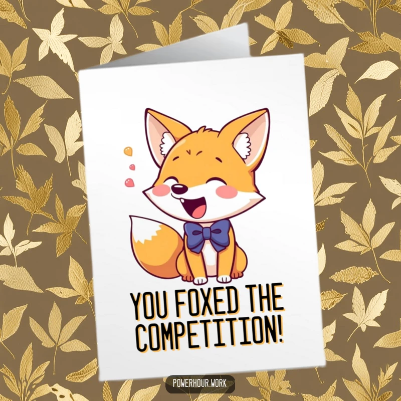 Funny free printable congratulations card: A giddy fox in a bowtie excitedly chatters, conveying enthusiastic congratulations to anyone.