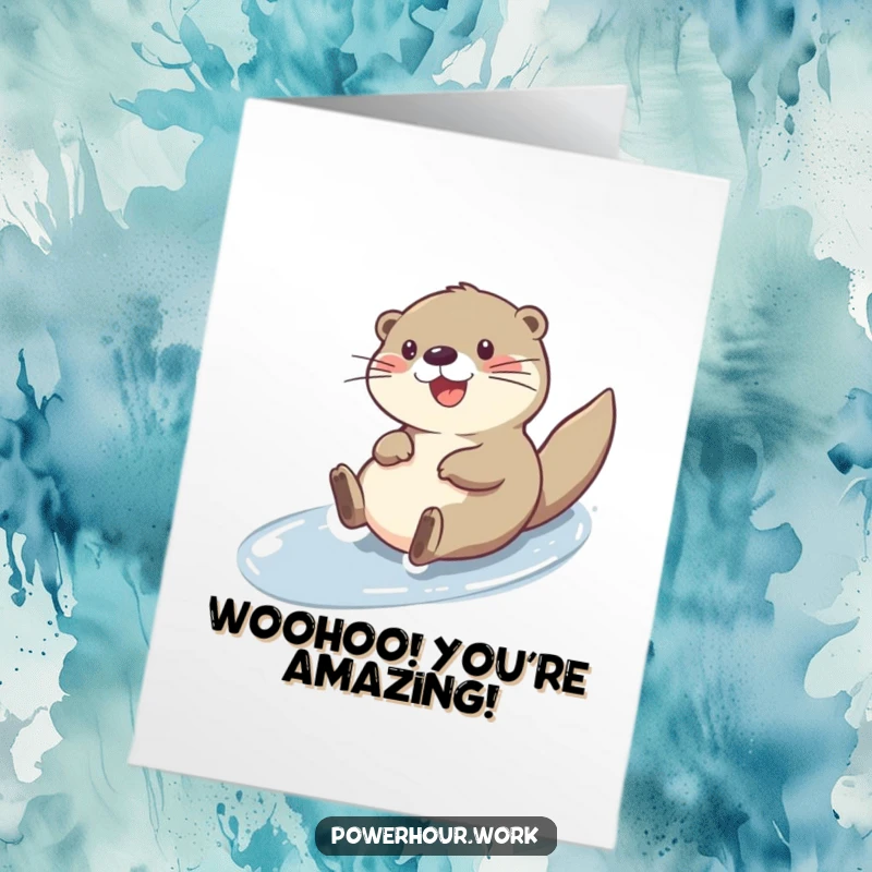 Funny Free Printable Congratulations Card: a cheerful otter character smoothly sliding, expressing congratulations with joyful, aquatic flair.
