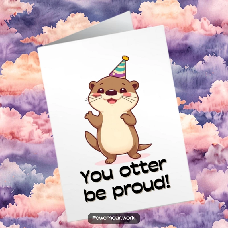 Funny free printable congratulations card: Energetic otter wearing party hat, doing a silly dance to celebrate achievements.