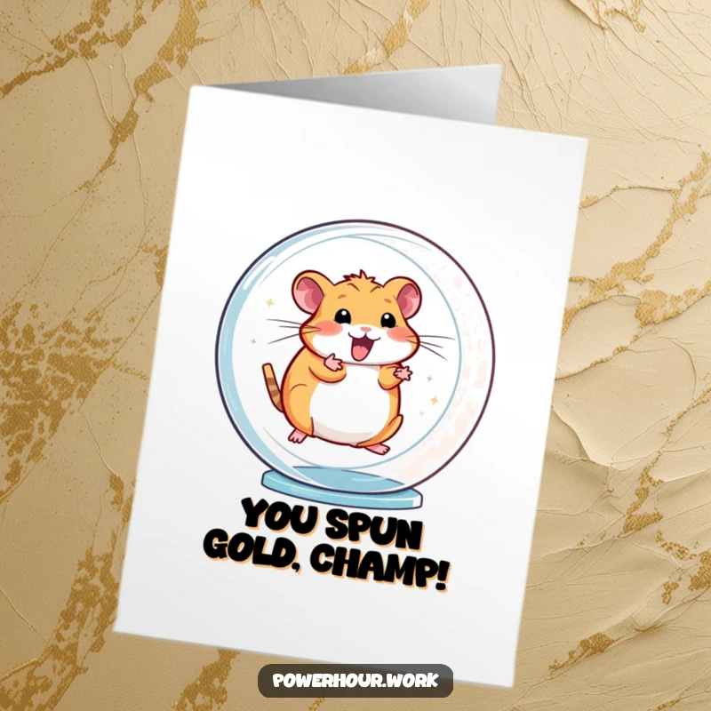 Funny Free Printable Congratulations Card featuring an energetic hamster spinning rapidly in a transparent wheel, celebrating success.