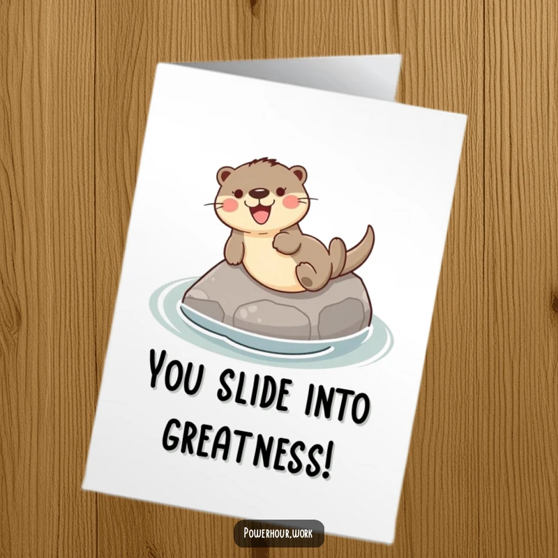 Funny Free Printable Congratulations Card showing a playful otter gleefully sliding down a smooth river stone, celebrating success.