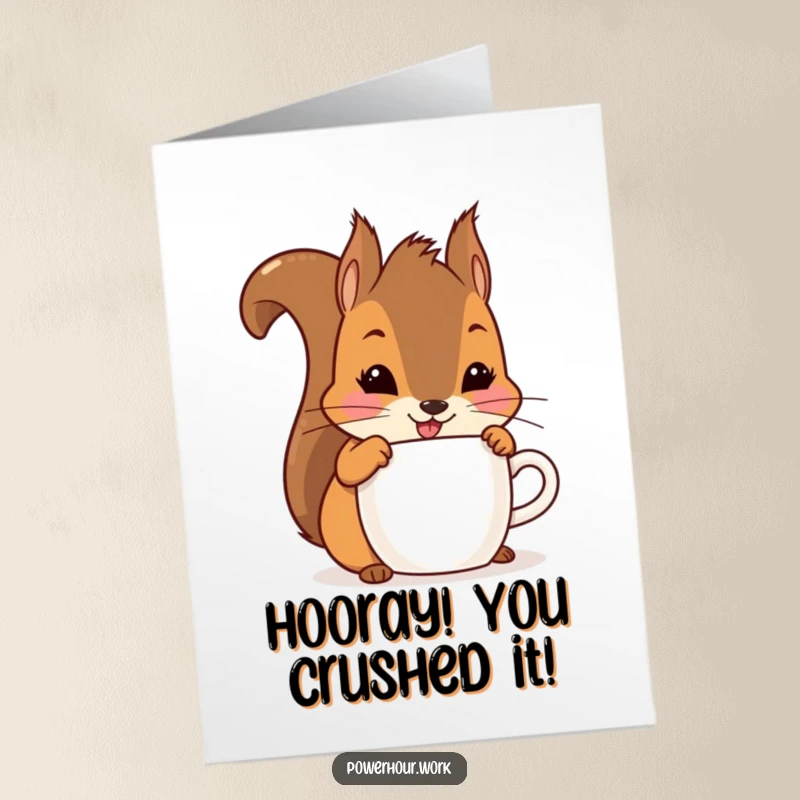 Funny Free Printable Congratulations Card: a playful squirrel with a huge smile, enjoying a celebratory drink, perfect for any win.