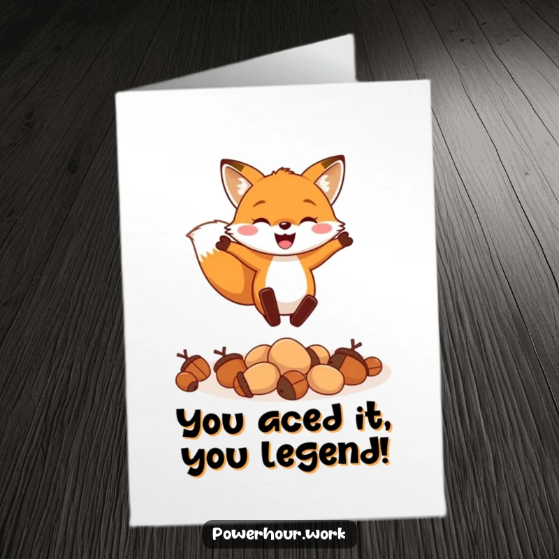 Funny Free Printable Congratulations Card featuring a cheerful fox enthusiastically leaping over acorns, marking a successful milestone.
