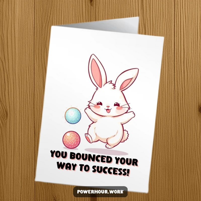 Funny Free Printable Congratulations Card showing a fluffy bunny energetically bouncing a sparkly ball to celebrate a special achievement.