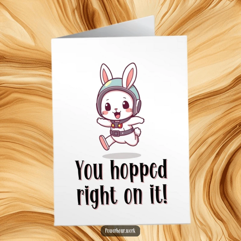 Funny free printable congratulations card: A rabbit in a small helmet is shown doing a quick dash, signifying speed and success.