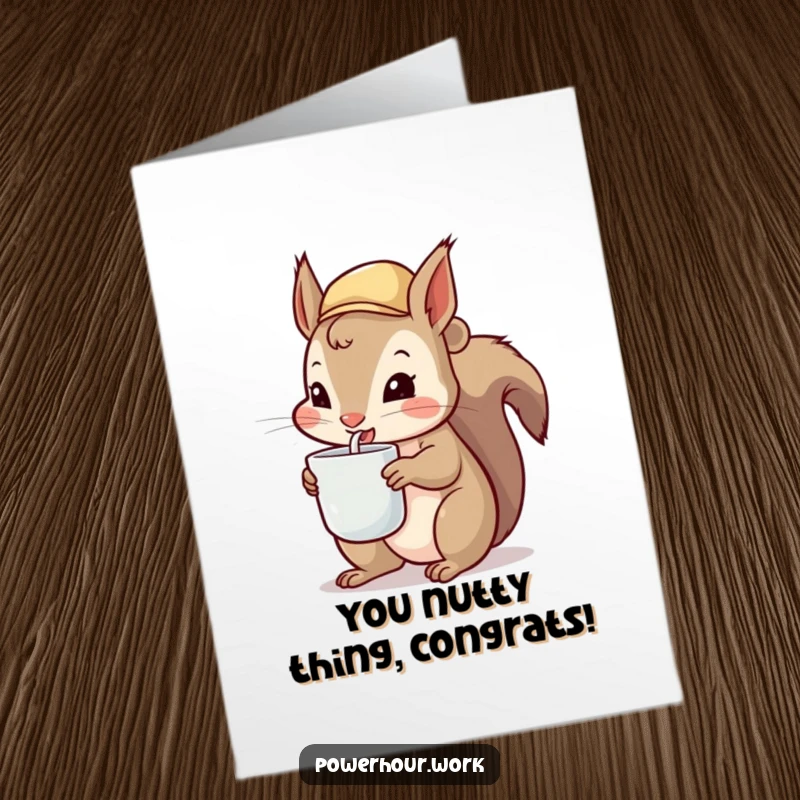 Funny Free Printable Squirrel Congratulations Card: A hyperactive squirrel in a hat chugs from a tiny cup, celebrating your amazing win.