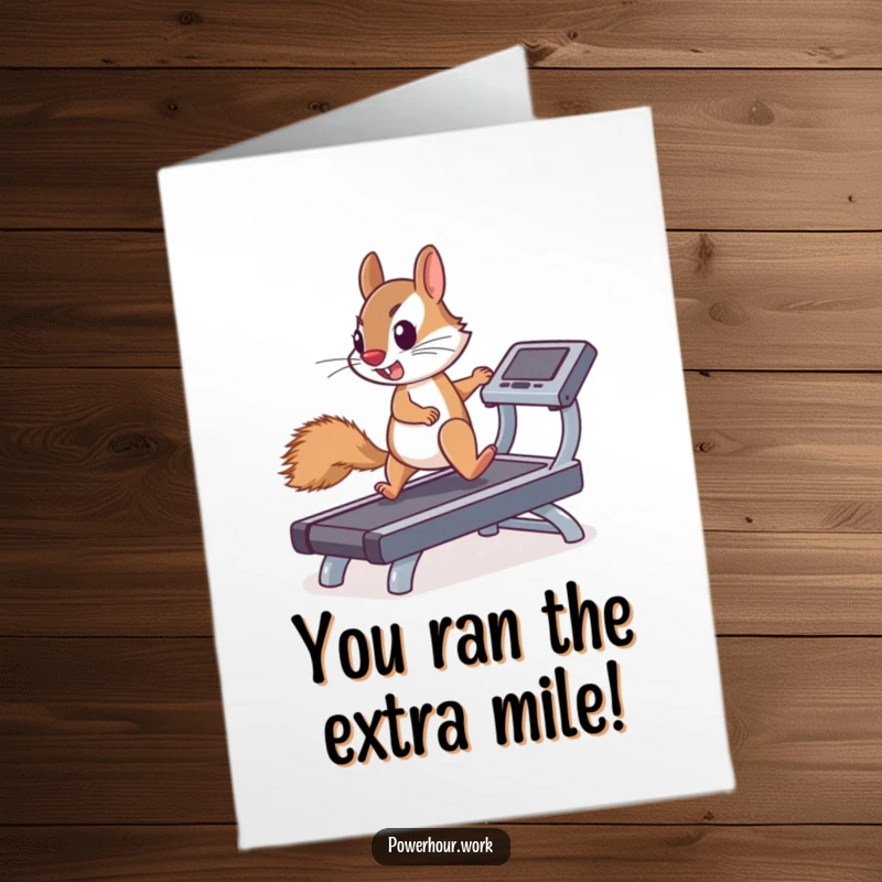 Funny Free Printable Congratulations Card featuring a determined squirrel enthusiastically running on a miniature treadmill, celebrating a big win.