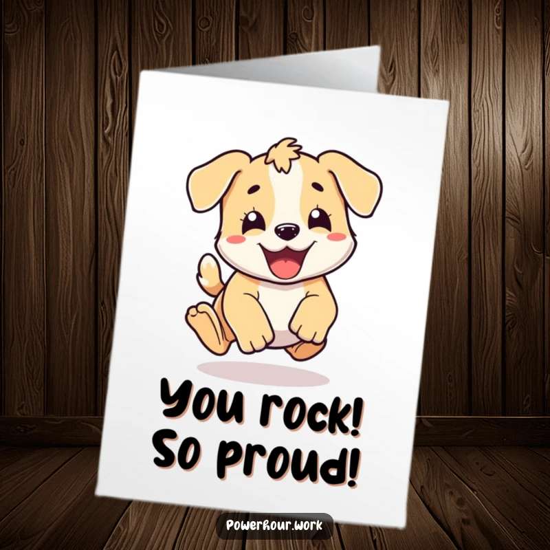 Funny Free Printable Congratulations Card showing an energetic puppy character performing a happy, dynamic pounce to celebrate a big win.