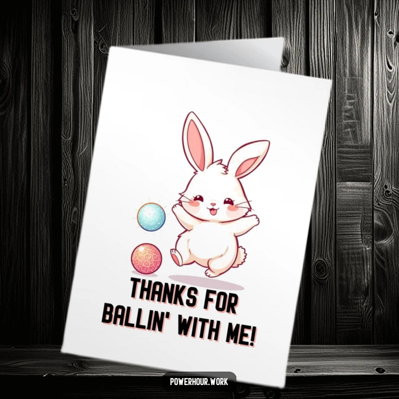 Funny Free Printable Thank You Card with a fluffy bunny energetically bouncing a sparkly ball, conveying heartfelt appreciation.