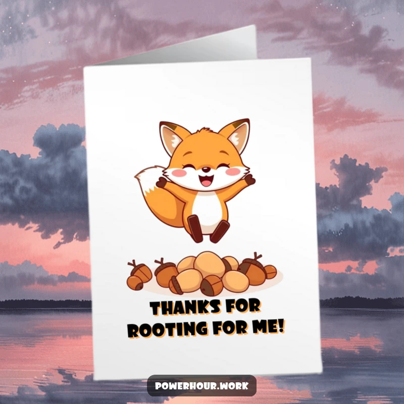 Funny Free Printable Thank You Card of a cheerful fox enthusiastically leaping over acorns, conveying thanks with playful energy.