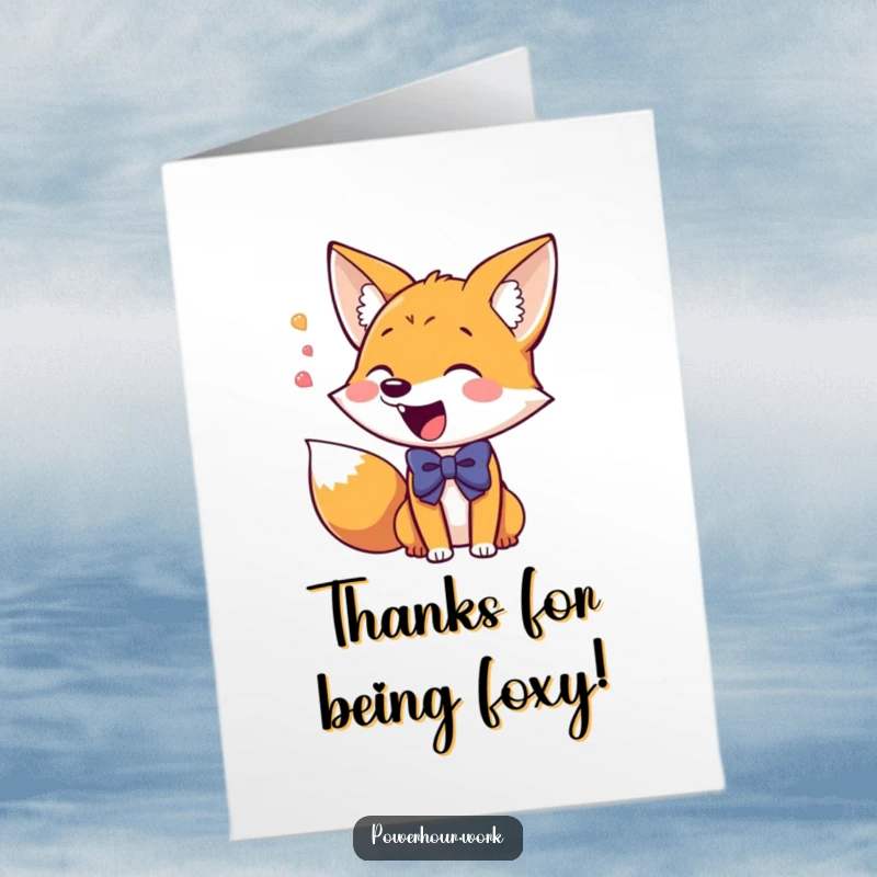 Funny free printable thank you card: A giddy fox wearing a bowtie is excitedly chattering, a fun way to say thank you.