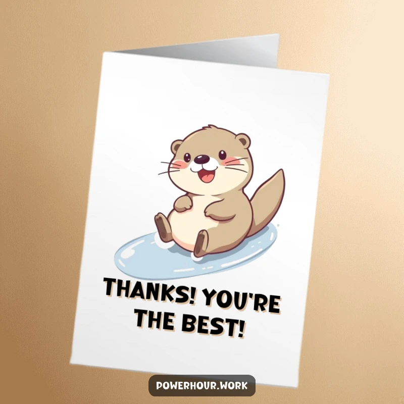Funny Free Printable Thank You Card: a cheerful otter character sliding with joy, conveying heartfelt thanks in a playful manner.