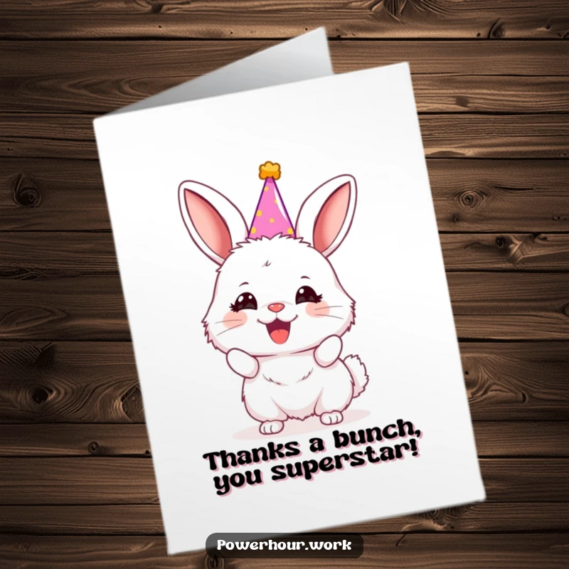 Funny Free Printable Thank You Card featuring a fluffy bunny in a party hat, radiating cheerful gratitude and happy vibes.
