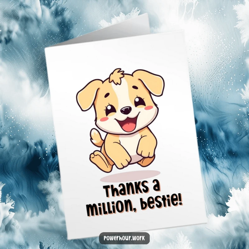 Funny Free Printable Thank You Card: an energetic puppy character caught mid-pounce, conveying pure, happy gratitude and excitement.