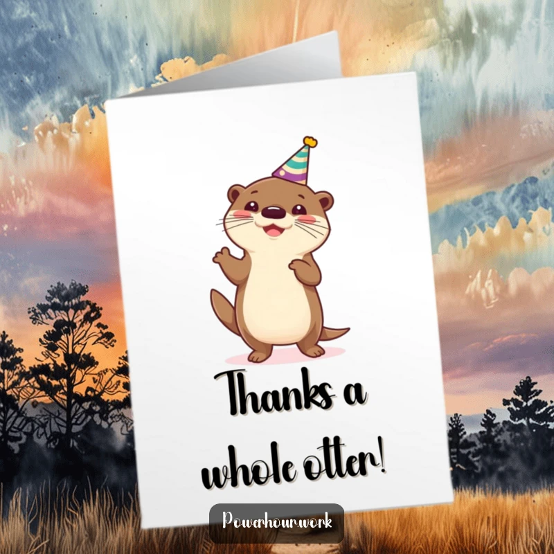 Funny free printable thank you card: A cheerful otter in a party hat enthusiastically performs a silly dance.