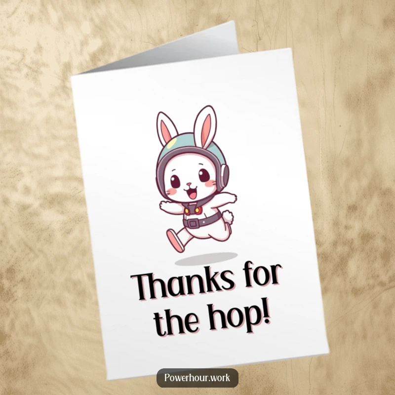 Funny free printable thank you card: A bouncy rabbit in a small helmet is captured mid-dash, a humorous thank you gesture.