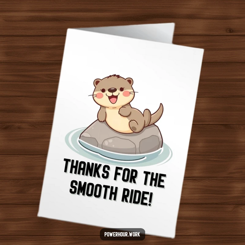Funny Free Printable Thank You Card of a playful otter gleefully sliding down a smooth river stone, conveying thanks with a smile.