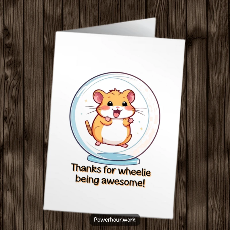 Funny Free Printable Thank You Card of an energetic hamster spinning rapidly in a transparent wheel, thanking someone for their support.