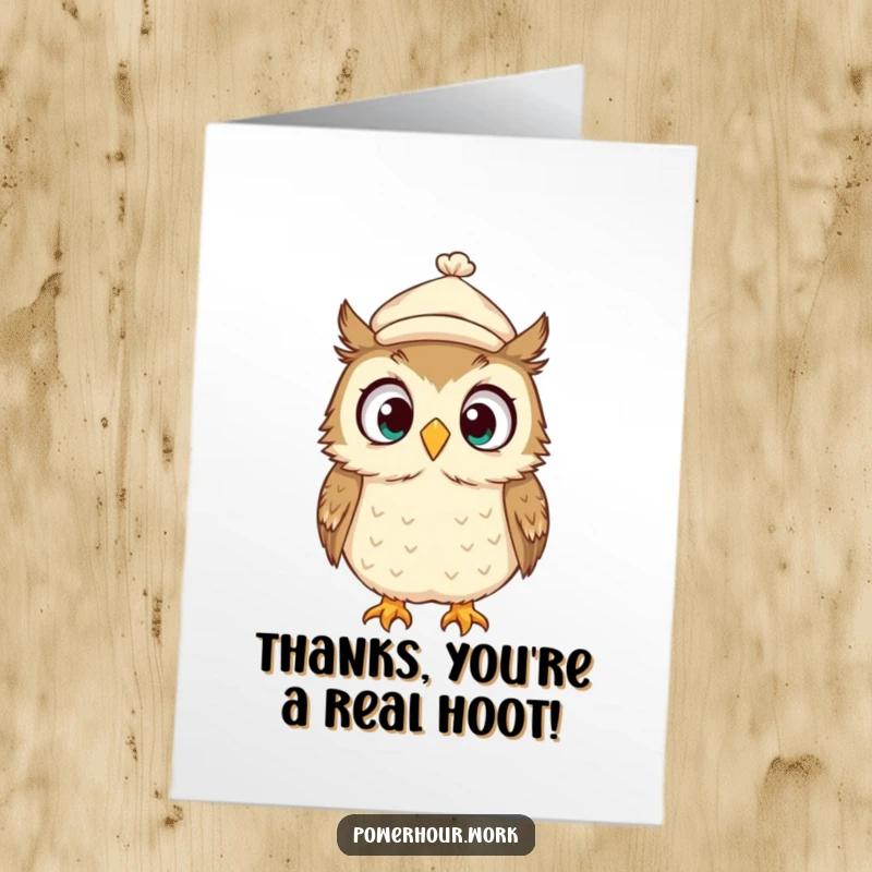 Funny free printable thank you card: An owl in a small cap looks around in utter surprise, making it a comical thank you.