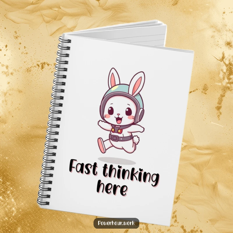 Funny Notebook with a bouncy rabbit in a small helmet, in a quick dash, perfect for jotting down fast ideas.