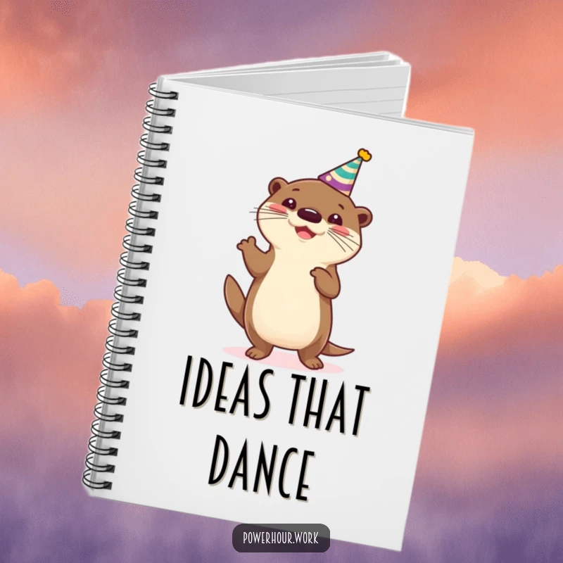 Funny Notebook with a cheerful otter in a party hat, performing a silly dance, perfect for jotting down funny thoughts and ideas.