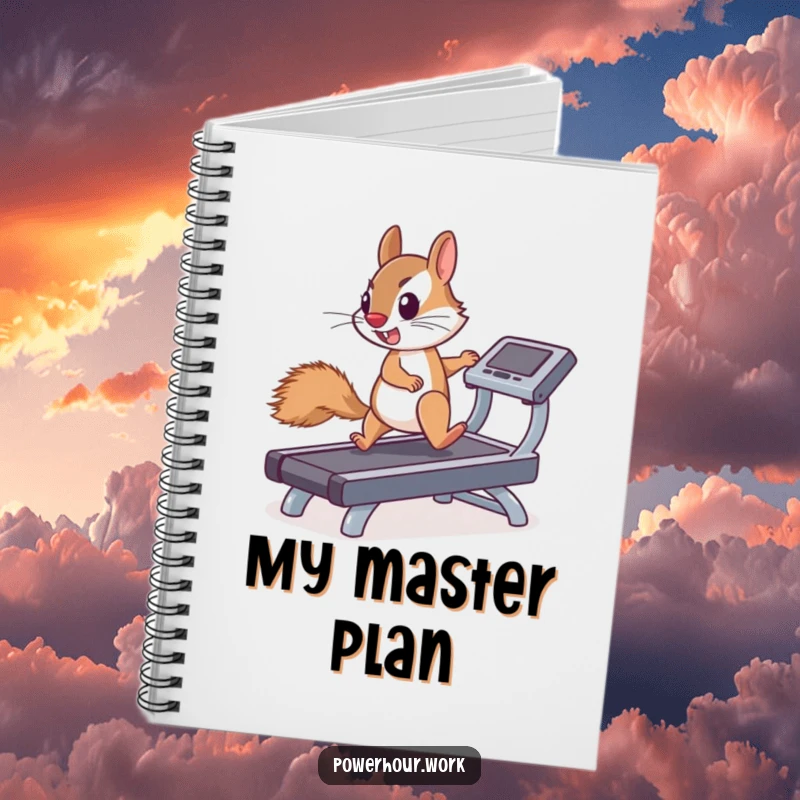 Funny notebook featuring a determined squirrel enthusiastically running on a miniature treadmill, ideal for goal-setting and notes.