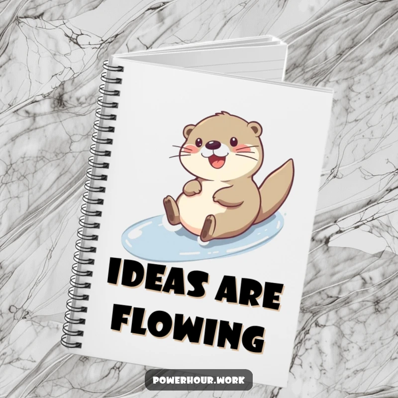 Funny cheerful otter character sliding down a slick surface, on the cover of a notebook.
