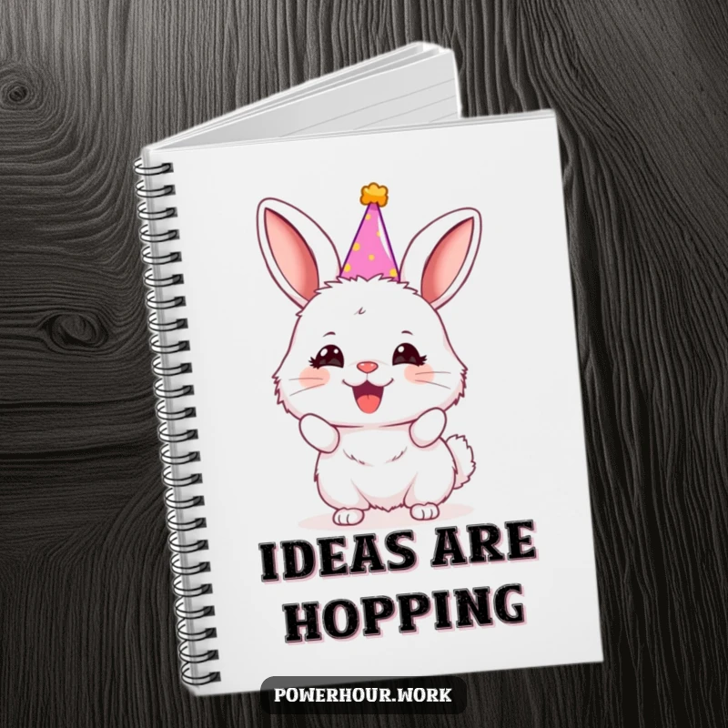 Funny bunny wearing a small party hat, enthusiastically cheering, on the cover of a spiral-bound notebook.