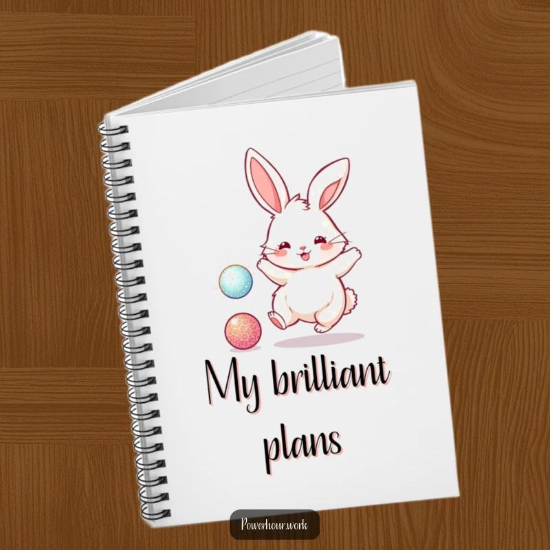 Funny notebook with a fluffy bunny rabbit energetically bouncing a sparkly ball, designed for capturing notes and inspiration with humor.