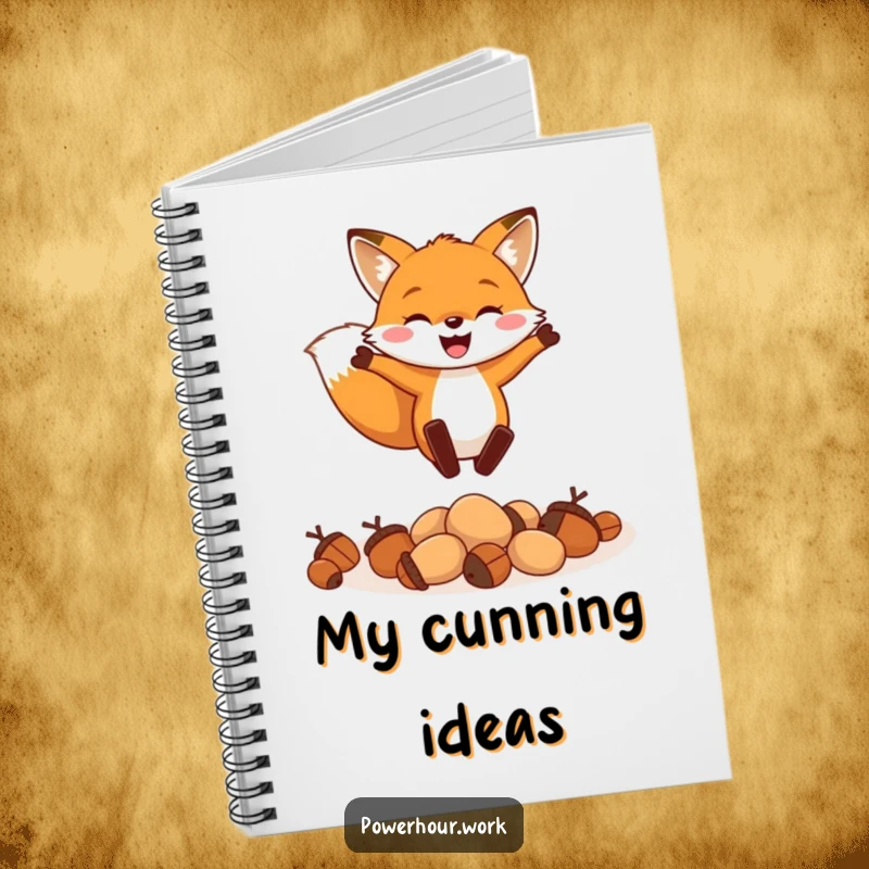Funny notebook with a cheerful fox enthusiastically leaping over a small pile of acorns, perfect for capturing creative ideas.