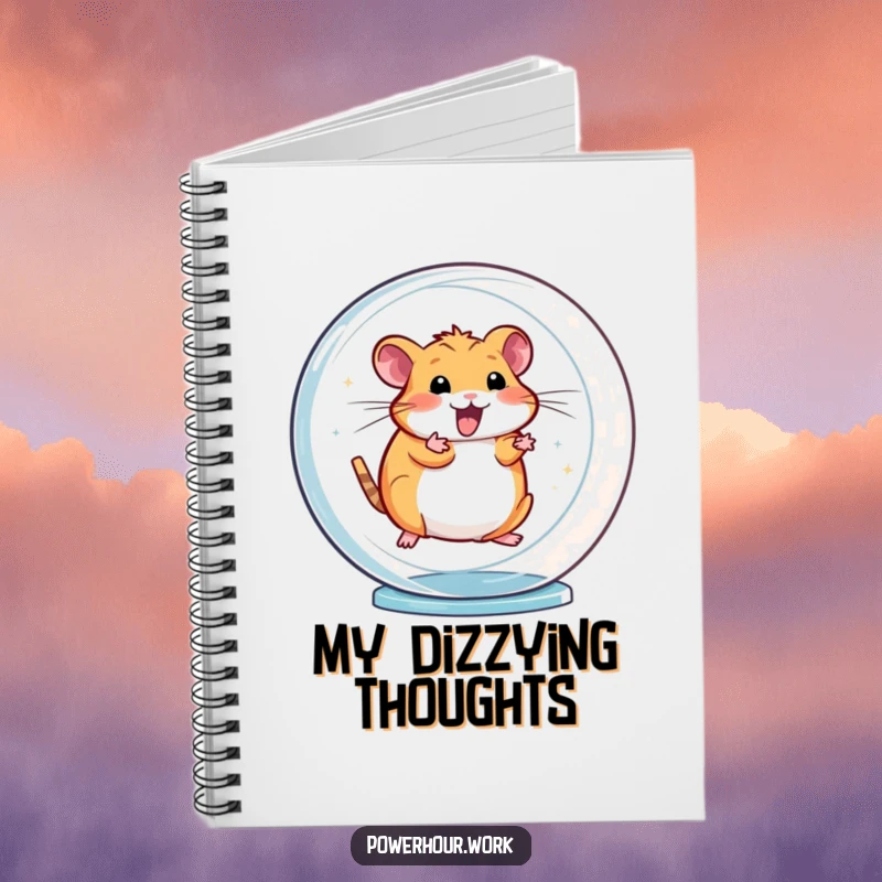 Funny notebook with an energetic hamster spinning rapidly in a transparent wheel, perfect for capturing fast-paced thoughts.