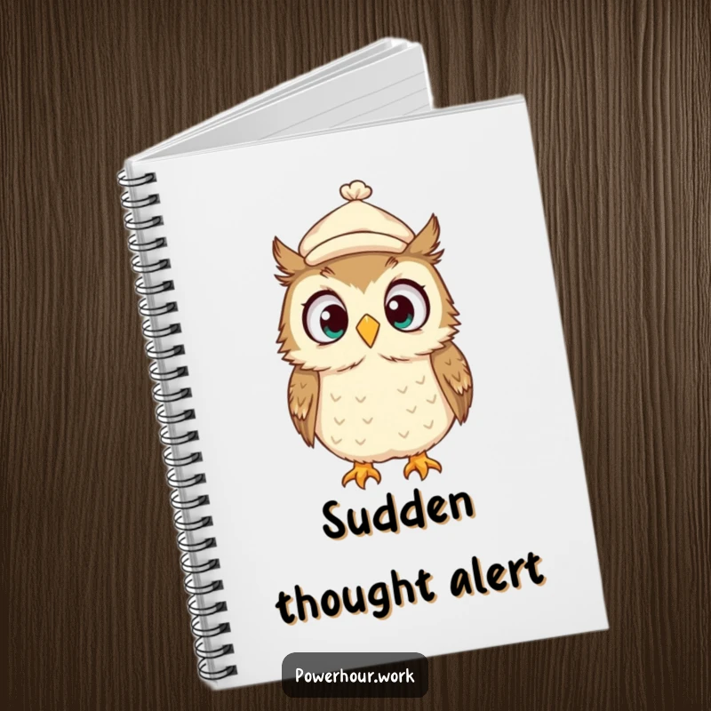 Funny Notebook featuring a surprised owl in a tiny cap, looking around wildly, perfect for jotting down comical observations.