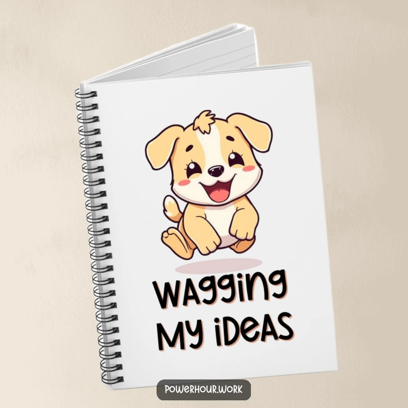 Funny energetic puppy character in a happy pounce, on the cover of a notebook.