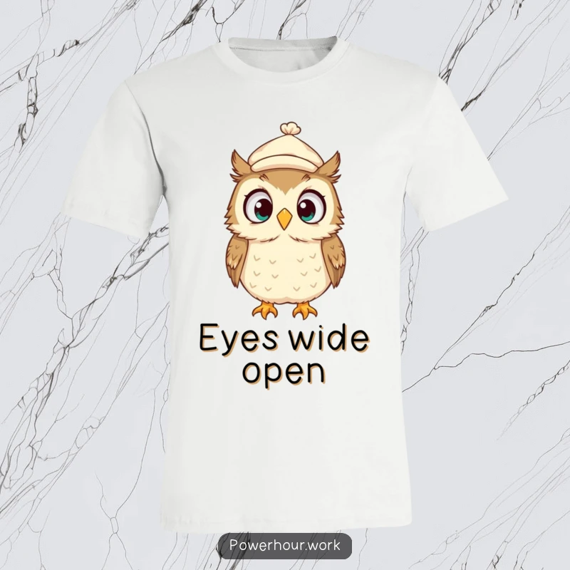 Funny T-Shirt displaying a surprised owl in a tiny cap, looking around wildly, perfect for expressing comical bewilderment.