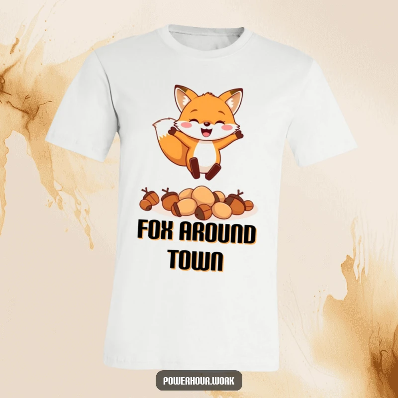 Funny t-shirt depicting a cheerful fox enthusiastically leaping over a small pile of acorns, capturing a moment of pure delight.