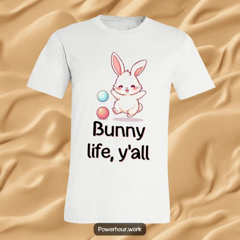 Funny t-shirt with a fluffy bunny rabbit energetically bouncing a sparkly ball, depicting a moment of pure, unadulterated playtime fun.