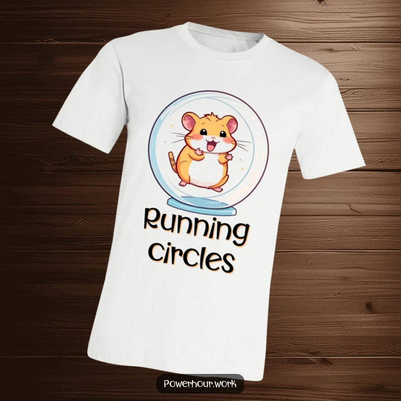 Funny t-shirt depicting an energetic hamster spinning rapidly in a transparent wheel, capturing a moment of boundless energy.