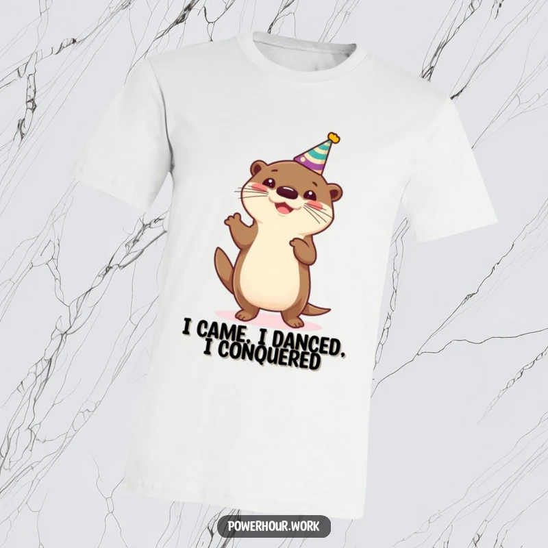 Funny T-Shirt showcasing a cheerful otter in a party hat, captured mid-silly dance, spreading infectious happiness and fun.