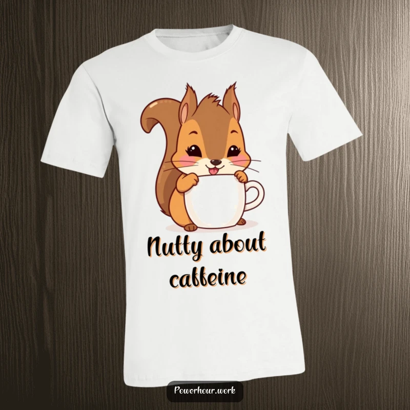 Funny squirrel smiling while chugging from a cup, printed on a soft, comfortable t-shirt.