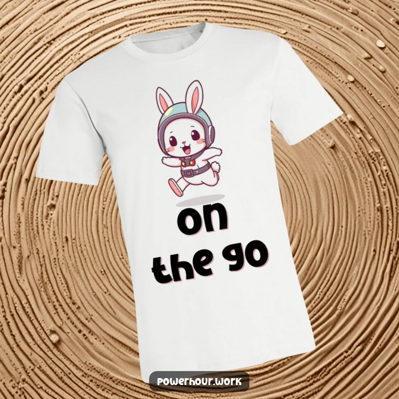 Funny T-Shirt showcasing a bouncy rabbit in a small helmet, in a quick dash, perfect for expressing speed and playful energy.