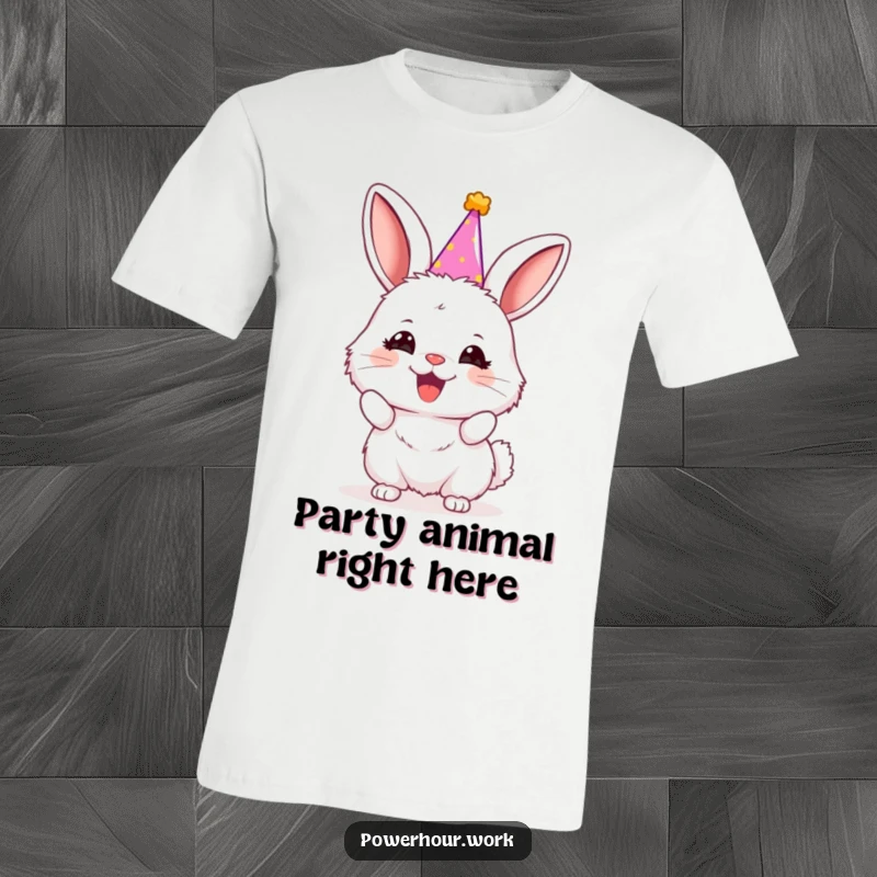 Funny fluffy bunny wearing a small party hat, energetically cheering, printed on a soft and comfortable t-shirt.