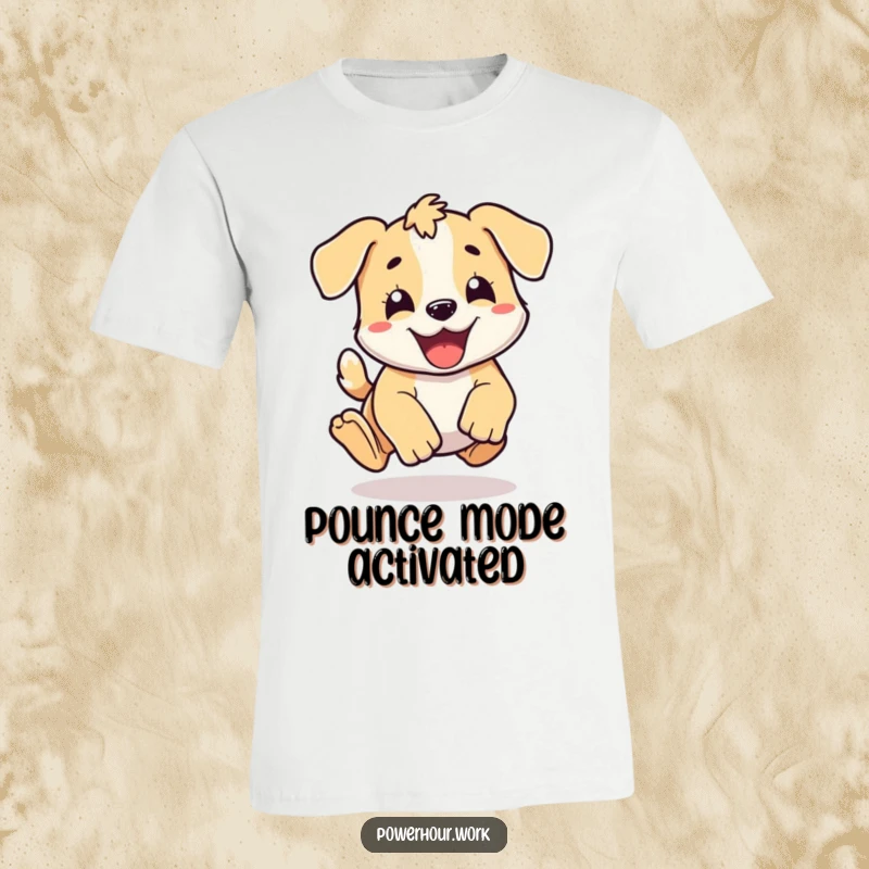 Funny energetic puppy doing a happy pounce motion, printed on a soft and comfortable t-shirt.