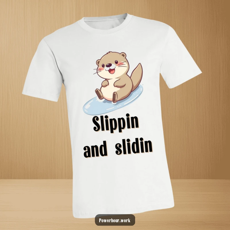 Funny cheerful otter sliding down a slick surface, printed on a soft and comfortable t-shirt.